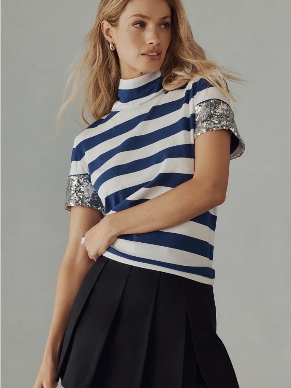 NWT Anthropologie The Summit Blue & White Striped Game Day Sequin Sleeve Tee